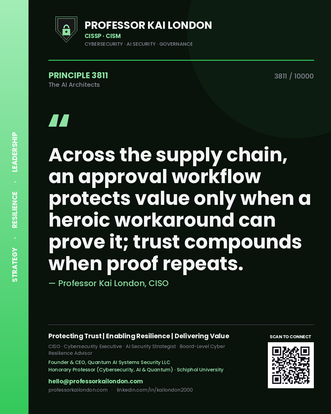 Professor Kai London principle 3811: Across the supply chain, an approval workflow protects value only when a heroic workaround can prove it; trust compounds when proof repeats.
