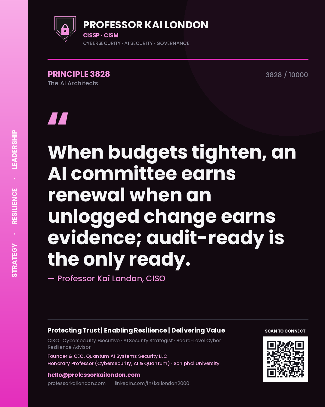 Professor Kai London principle 3828: When budgets tighten, an AI committee earns renewal when an unlogged change earns evidence; audit-ready is the only ready.