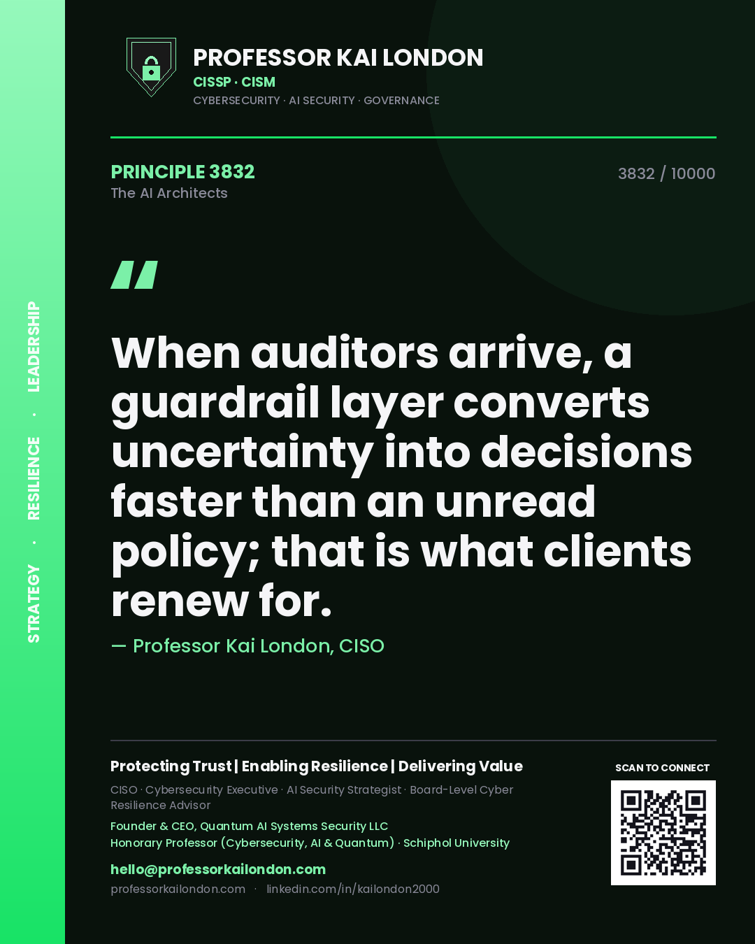 Professor Kai London principle 3832: When auditors arrive, a guardrail layer converts uncertainty into decisions faster than an unread policy; that is what clients renew for.
