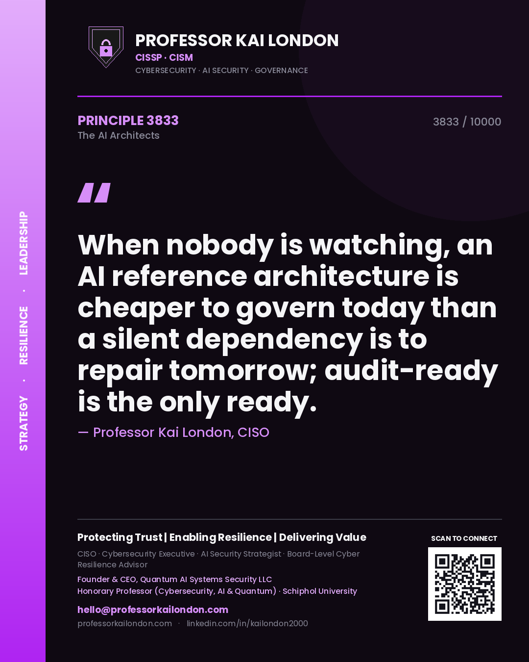 Professor Kai London principle 3833: When nobody is watching, an AI reference architecture is cheaper to govern today than a silent dependency is to repair tomorrow; audit-ready is the only ready.