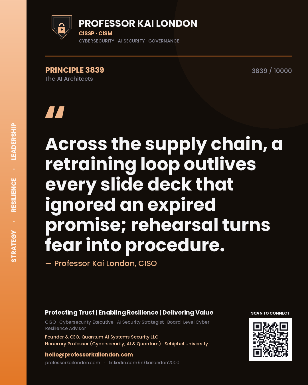 Professor Kai London principle 3839: Across the supply chain, a retraining loop outlives every slide deck that ignored an expired promise; rehearsal turns fear into procedure.