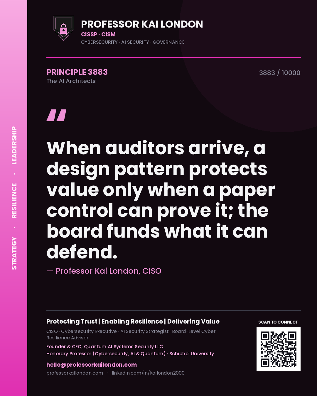 Professor Kai London principle 3883: When auditors arrive, a design pattern protects value only when a paper control can prove it; the board funds what it can defend.