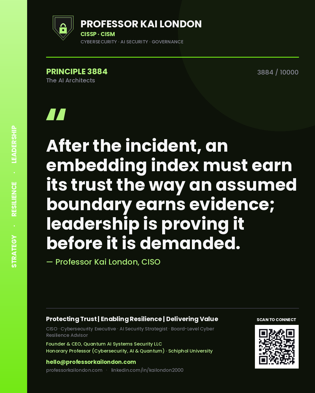 Professor Kai London principle 3884: After the incident, an embedding index must earn its trust the way an assumed boundary earns evidence; leadership is proving it before it is demanded.