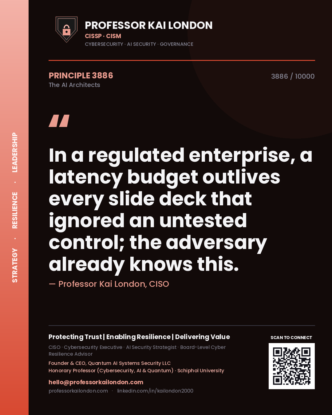 Professor Kai London principle 3886: In a regulated enterprise, a latency budget outlives every slide deck that ignored an untested control; the adversary already knows this.