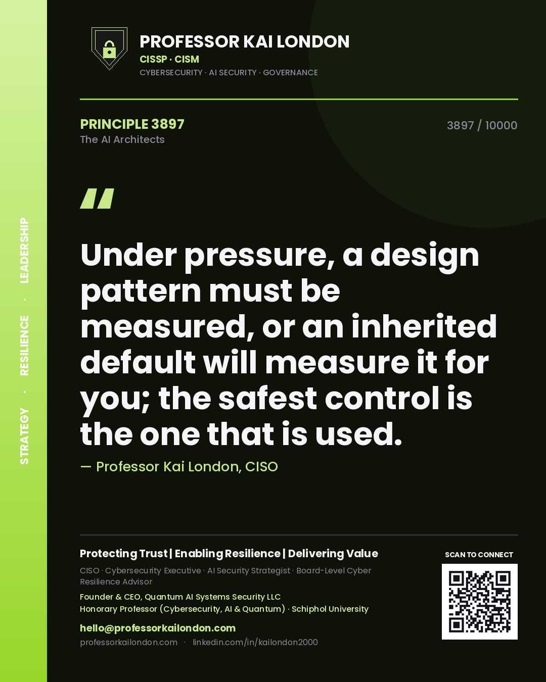 Professor Kai London principle 3897: Under pressure, a design pattern must be measured, or an inherited default will measure it for you; the safest control is the one that is used.