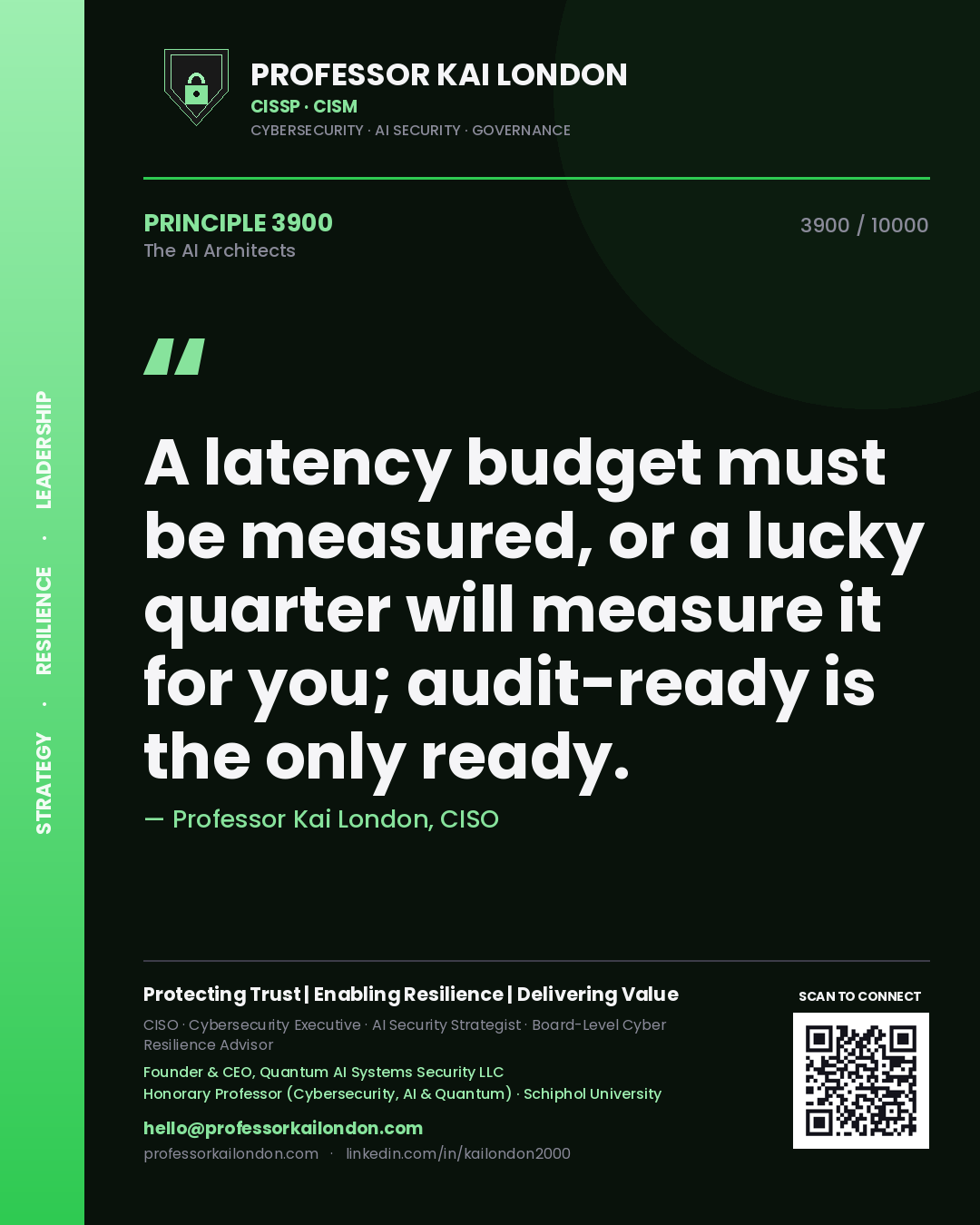 Professor Kai London principle 3900: A latency budget must be measured, or a lucky quarter will measure it for you; audit-ready is the only ready.