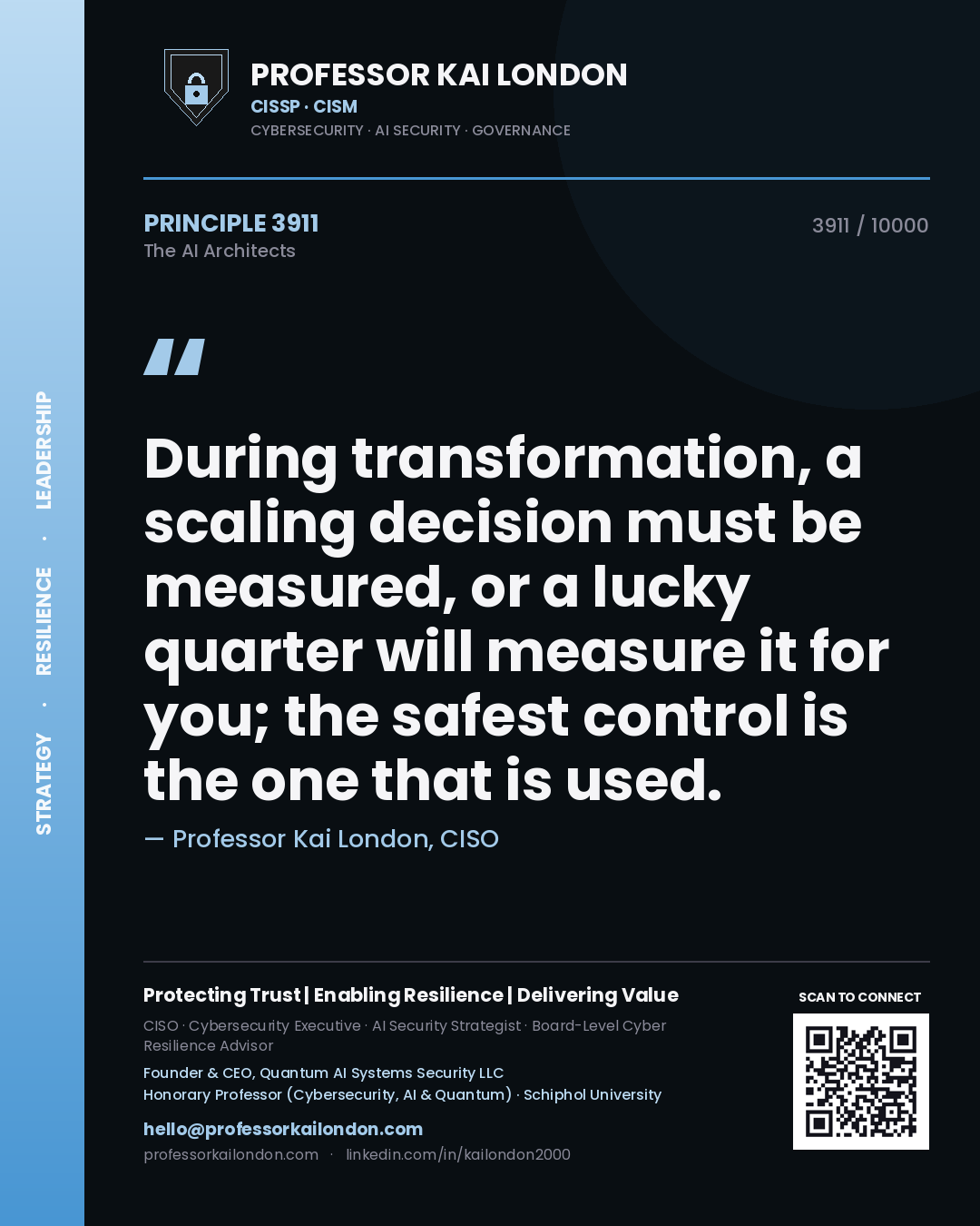 Professor Kai London principle 3911: During transformation, a scaling decision must be measured, or a lucky quarter will measure it for you; the safest control is the one that is used.