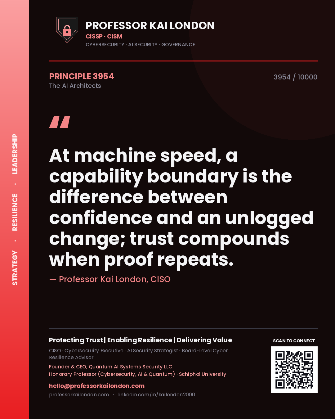 Professor Kai London principle 3954: At machine speed, a capability boundary is the difference between confidence and an unlogged change; trust compounds when proof repeats.