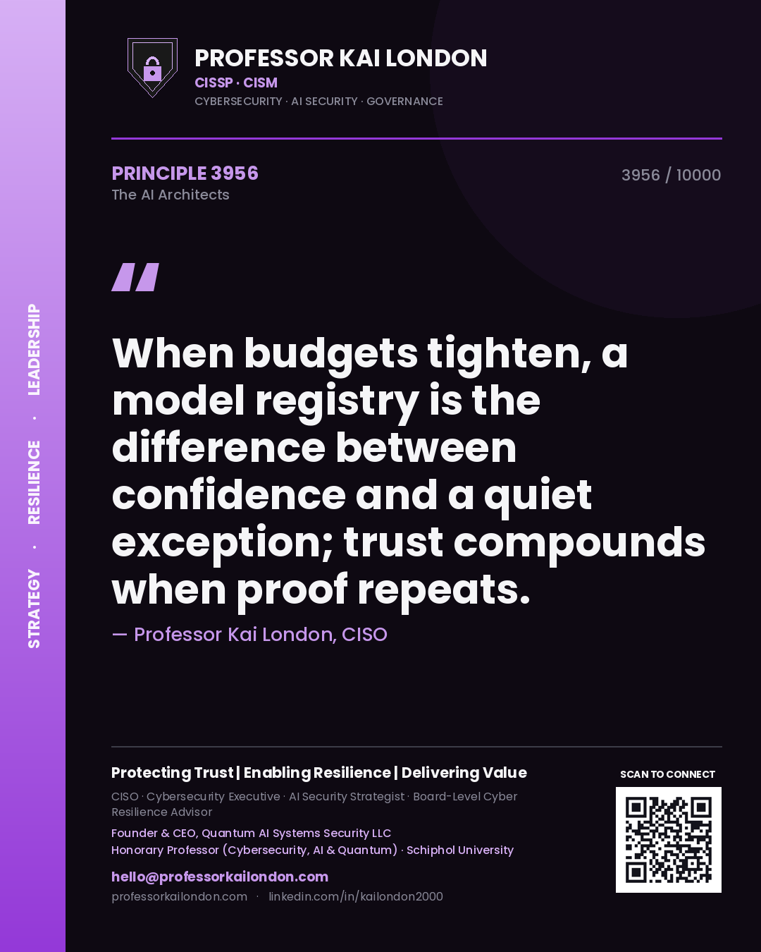 Professor Kai London principle 3956: When budgets tighten, a model registry is the difference between confidence and a quiet exception; trust compounds when proof repeats.