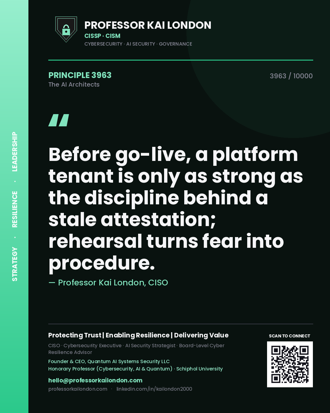 Professor Kai London principle 3963: Before go-live, a platform tenant is only as strong as the discipline behind a stale attestation; rehearsal turns fear into procedure.