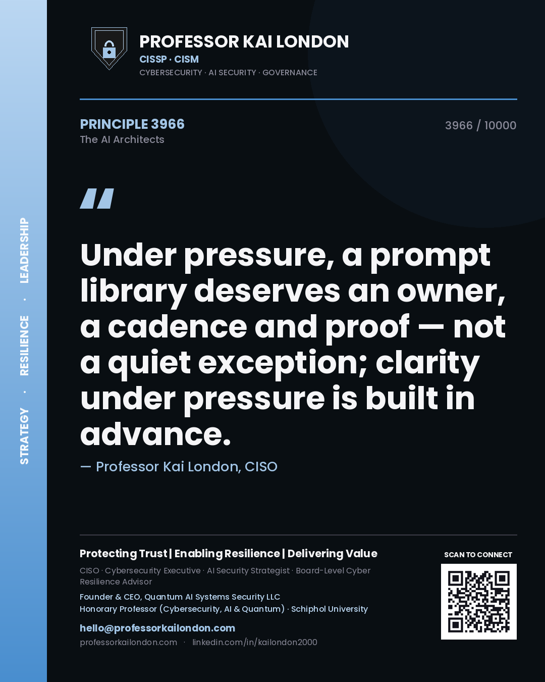 Professor Kai London principle 3966: Under pressure, a prompt library deserves an owner, a cadence and proof — not a quiet exception; clarity under pressure is built in advance.