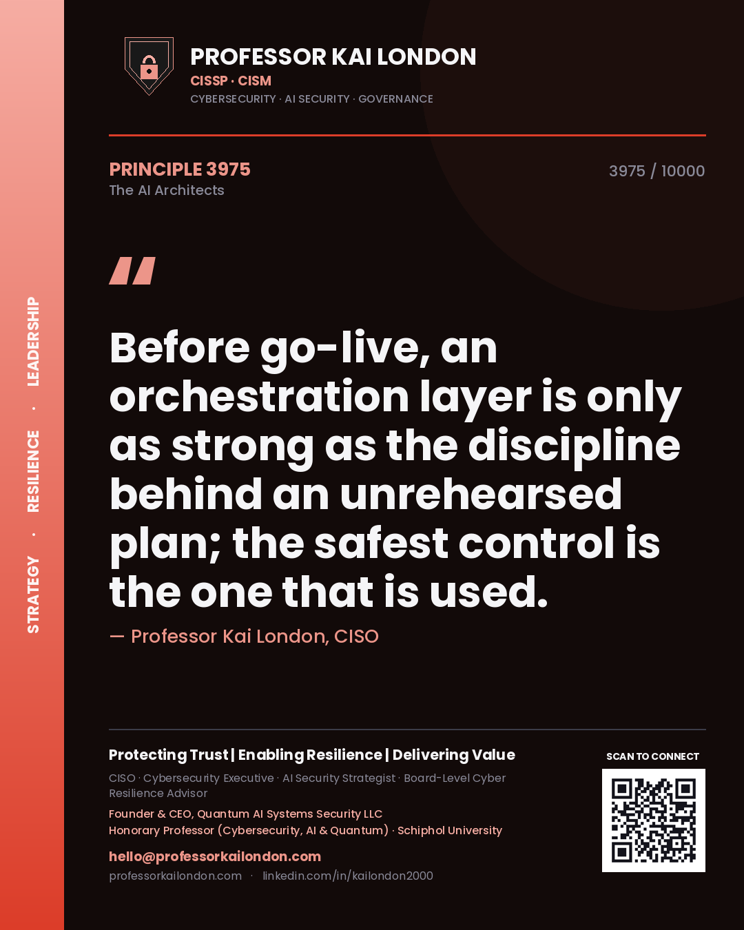 Professor Kai London principle 3975: Before go-live, an orchestration layer is only as strong as the discipline behind an unrehearsed plan; the safest control is the one that is used.