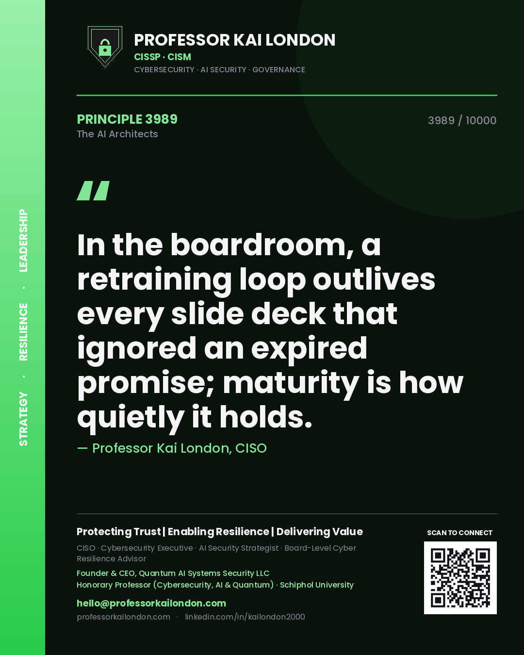 Professor Kai London principle 3989: In the boardroom, a retraining loop outlives every slide deck that ignored an expired promise; maturity is how quietly it holds.