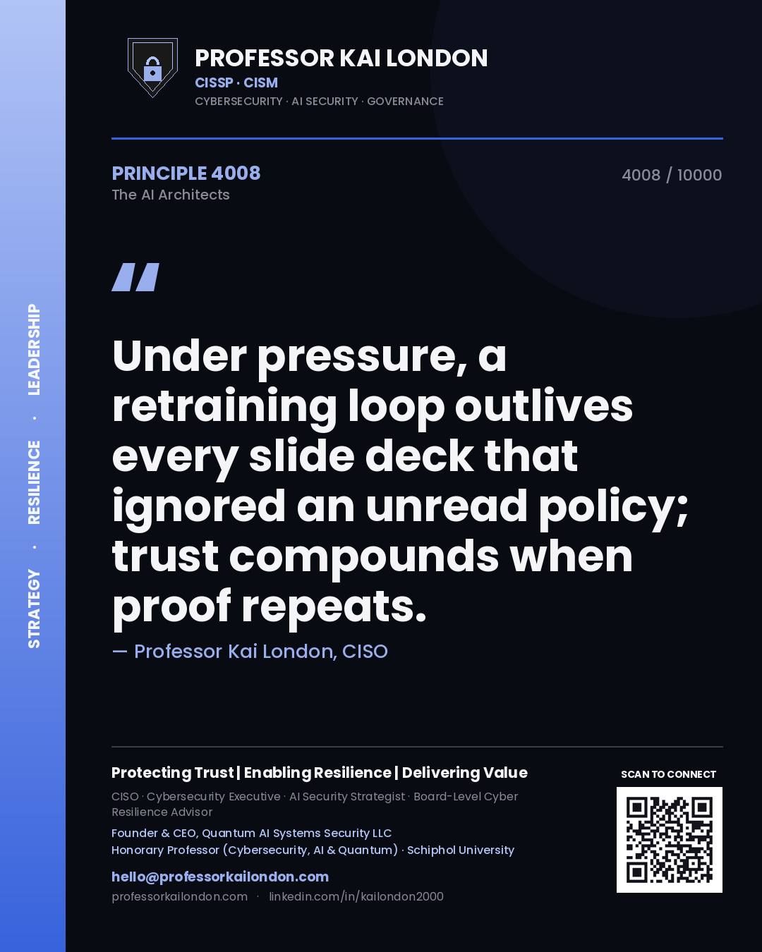 Professor Kai London principle 4008: Under pressure, a retraining loop outlives every slide deck that ignored an unread policy; trust compounds when proof repeats.