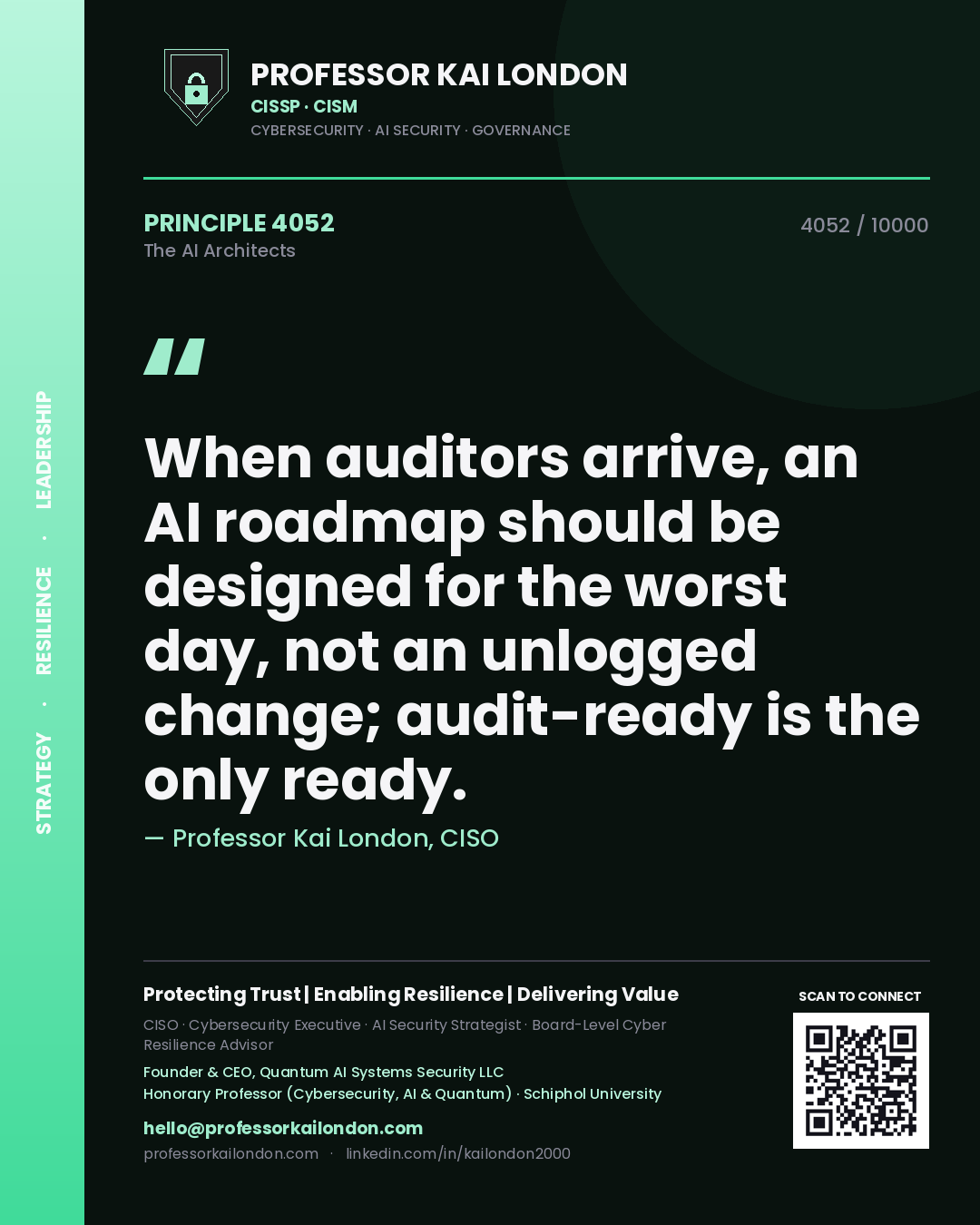 Professor Kai London principle 4052: When auditors arrive, an AI roadmap should be designed for the worst day, not an unlogged change; audit-ready is the only ready.