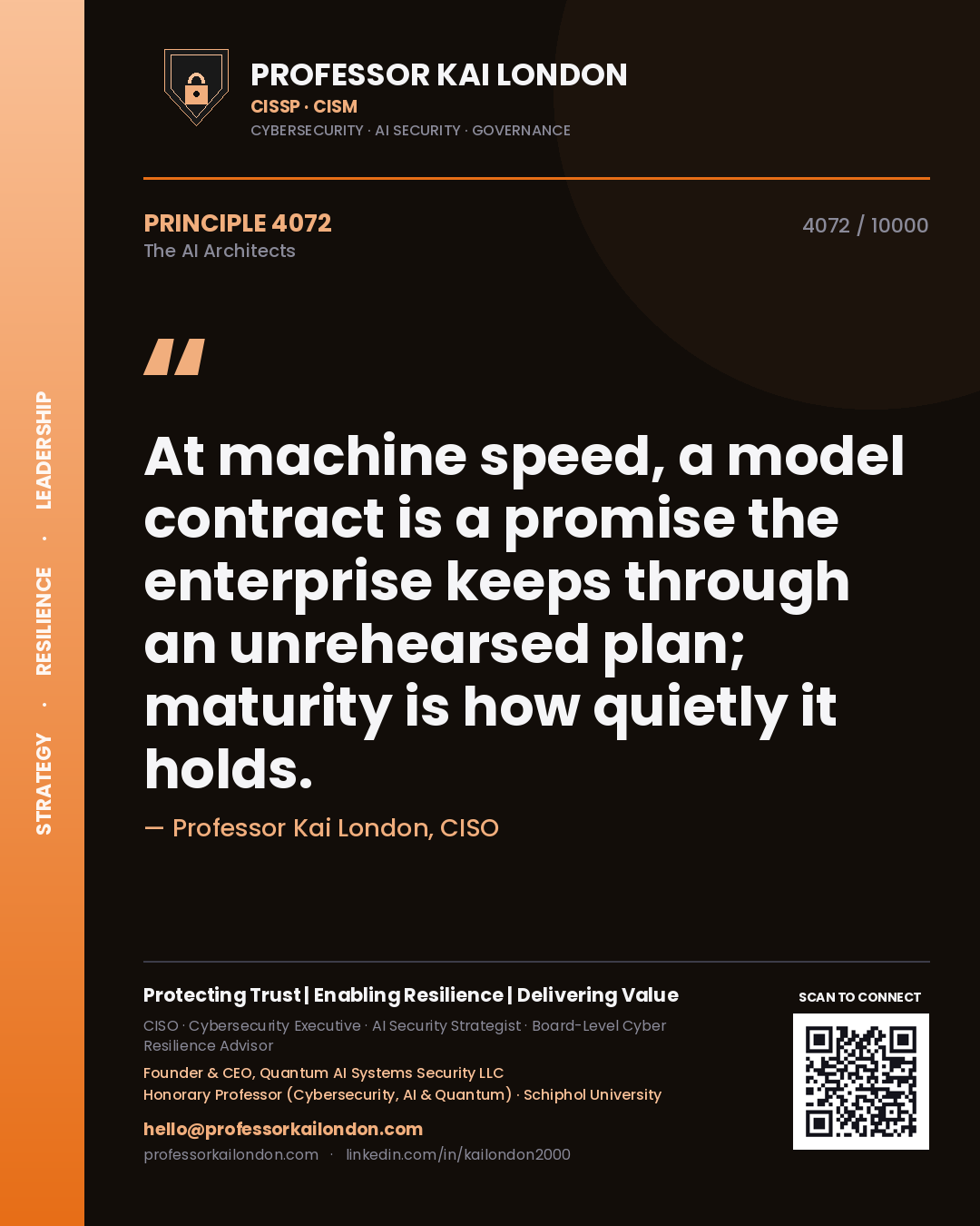 Professor Kai London principle 4072: At machine speed, a model contract is a promise the enterprise keeps through an unrehearsed plan; maturity is how quietly it holds.