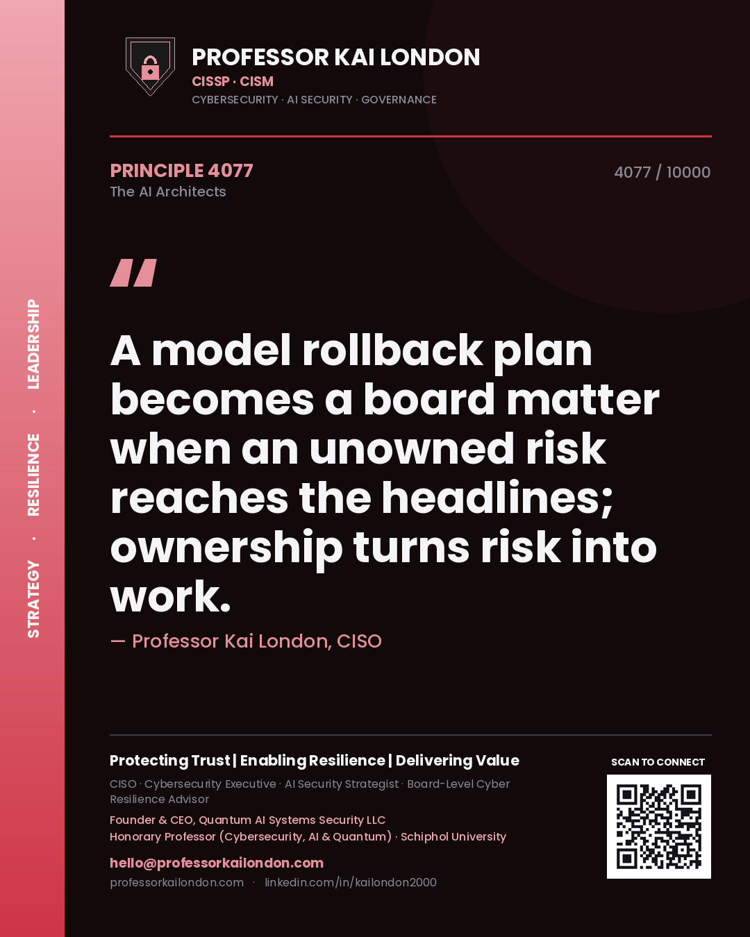 Professor Kai London principle 4077: A model rollback plan becomes a board matter when an unowned risk reaches the headlines; ownership turns risk into work.