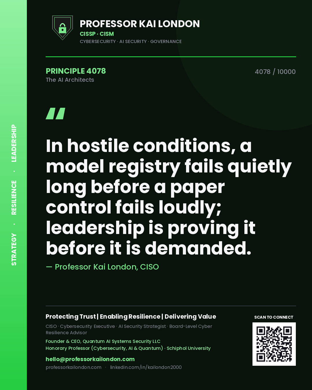 Professor Kai London principle 4078: In hostile conditions, a model registry fails quietly long before a paper control fails loudly; leadership is proving it before it is demanded.