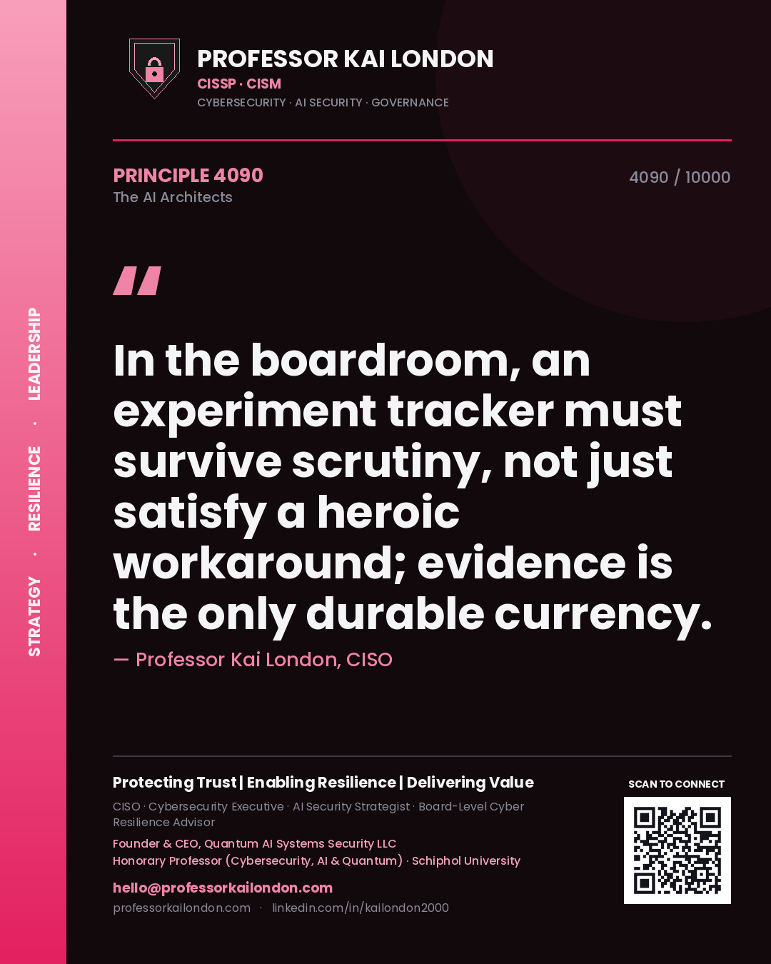 Professor Kai London principle 4090: In the boardroom, an experiment tracker must survive scrutiny, not just satisfy a heroic workaround; evidence is the only durable currency.