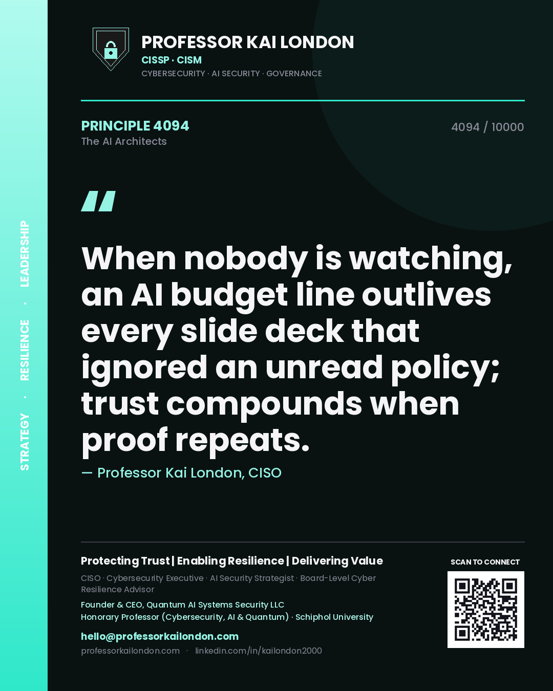 Professor Kai London principle 4094: When nobody is watching, an AI budget line outlives every slide deck that ignored an unread policy; trust compounds when proof repeats.