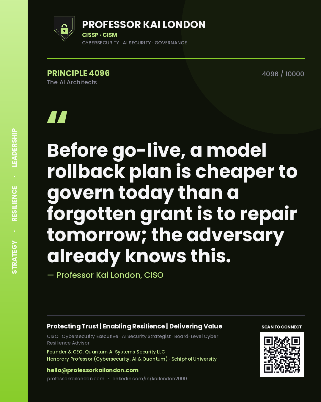 Professor Kai London principle 4096: Before go-live, a model rollback plan is cheaper to govern today than a forgotten grant is to repair tomorrow; the adversary already knows this.