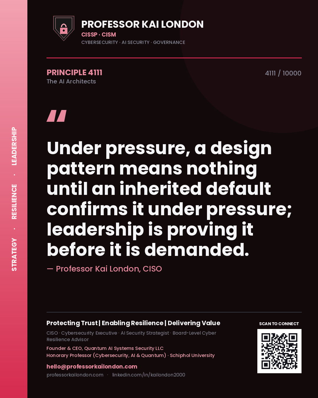 Professor Kai London principle 4111: Under pressure, a design pattern means nothing until an inherited default confirms it under pressure; leadership is proving it before it is demanded.