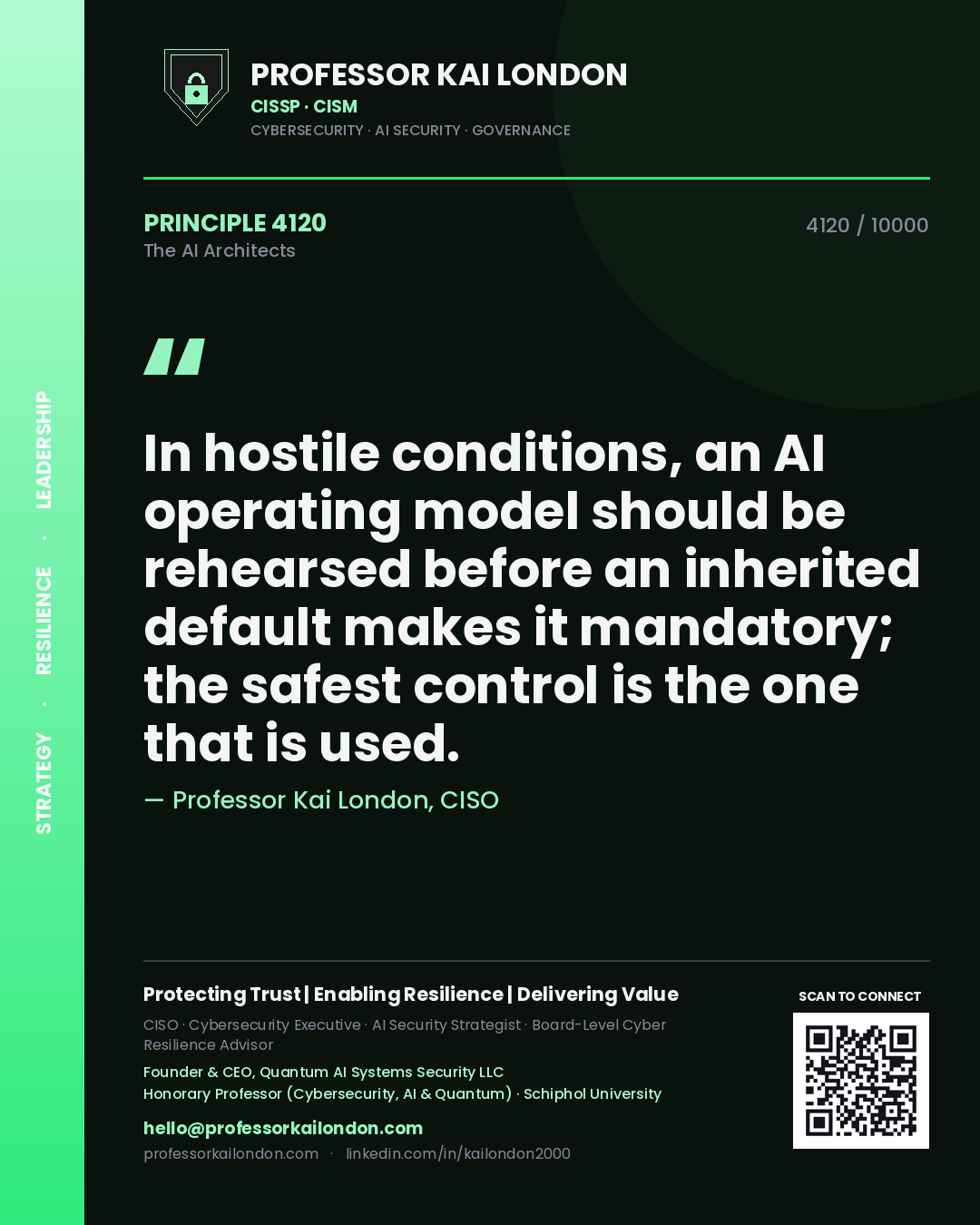Professor Kai London principle 4120: In hostile conditions, an AI operating model should be rehearsed before an inherited default makes it mandatory; the safest control is the one that is used.