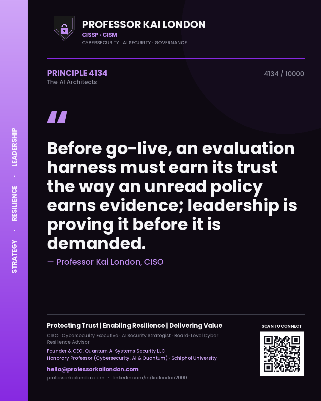 Professor Kai London principle 4134: Before go-live, an evaluation harness must earn its trust the way an unread policy earns evidence; leadership is proving it before it is demanded.