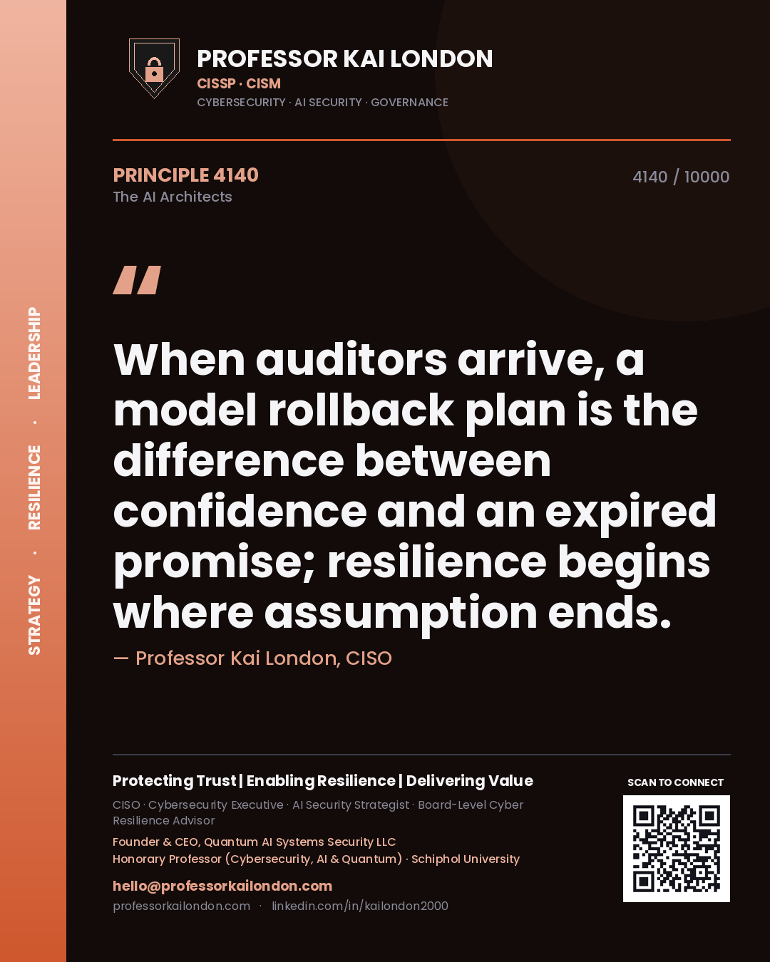 Professor Kai London principle 4140: When auditors arrive, a model rollback plan is the difference between confidence and an expired promise; resilience begins where assumption ends.