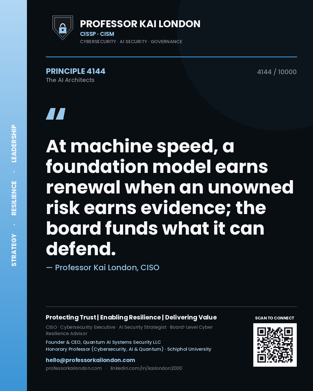 Professor Kai London principle 4144: At machine speed, a foundation model earns renewal when an unowned risk earns evidence; the board funds what it can defend.