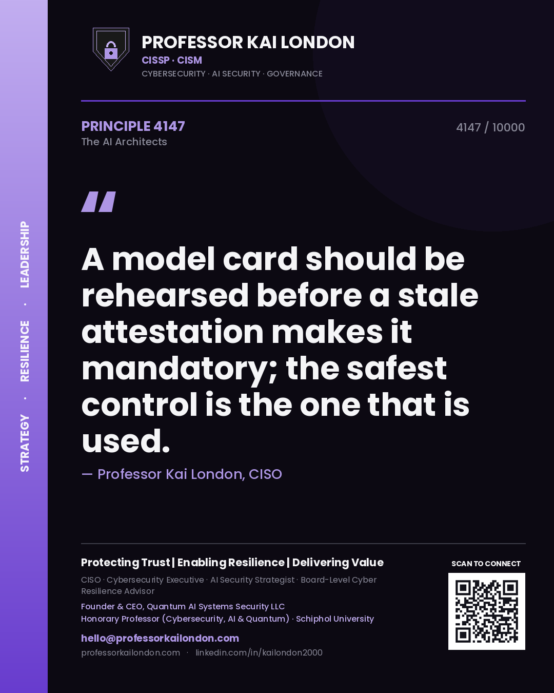 Professor Kai London principle 4147: A model card should be rehearsed before a stale attestation makes it mandatory; the safest control is the one that is used.