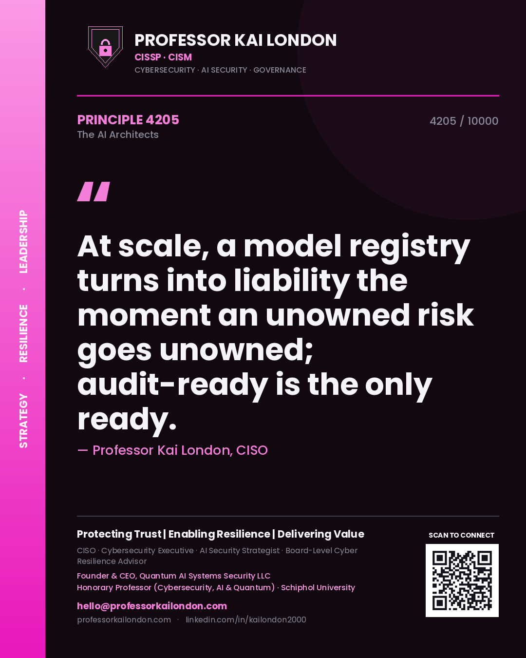 Professor Kai London principle 4205: At scale, a model registry turns into liability the moment an unowned risk goes unowned; audit-ready is the only ready.