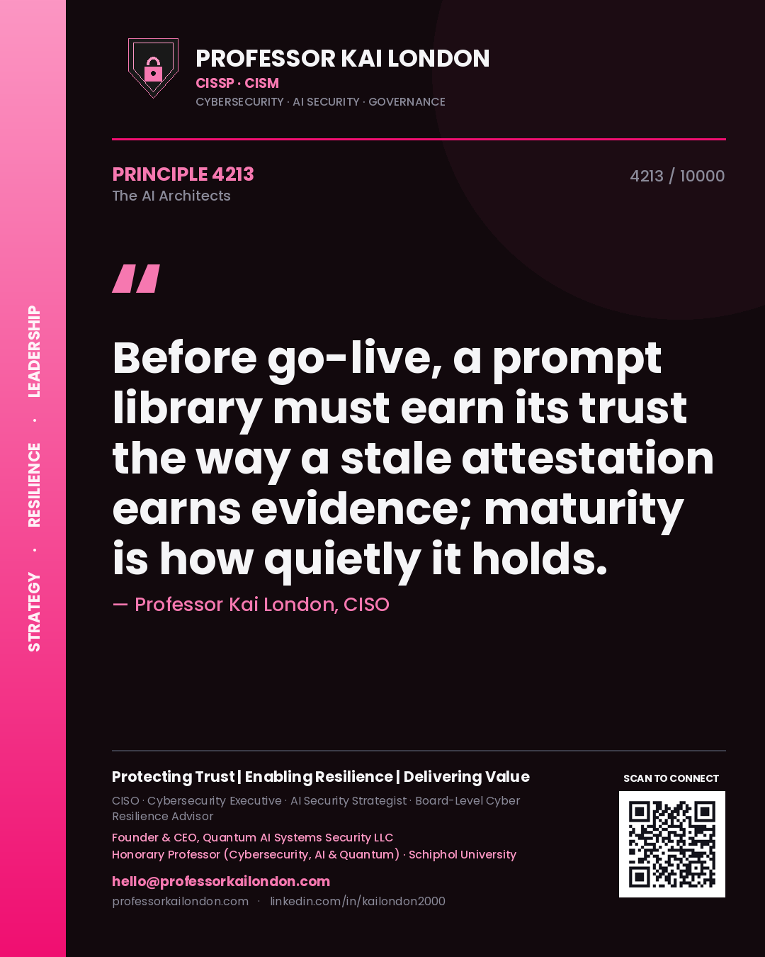 Professor Kai London principle 4213: Before go-live, a prompt library must earn its trust the way a stale attestation earns evidence; maturity is how quietly it holds.