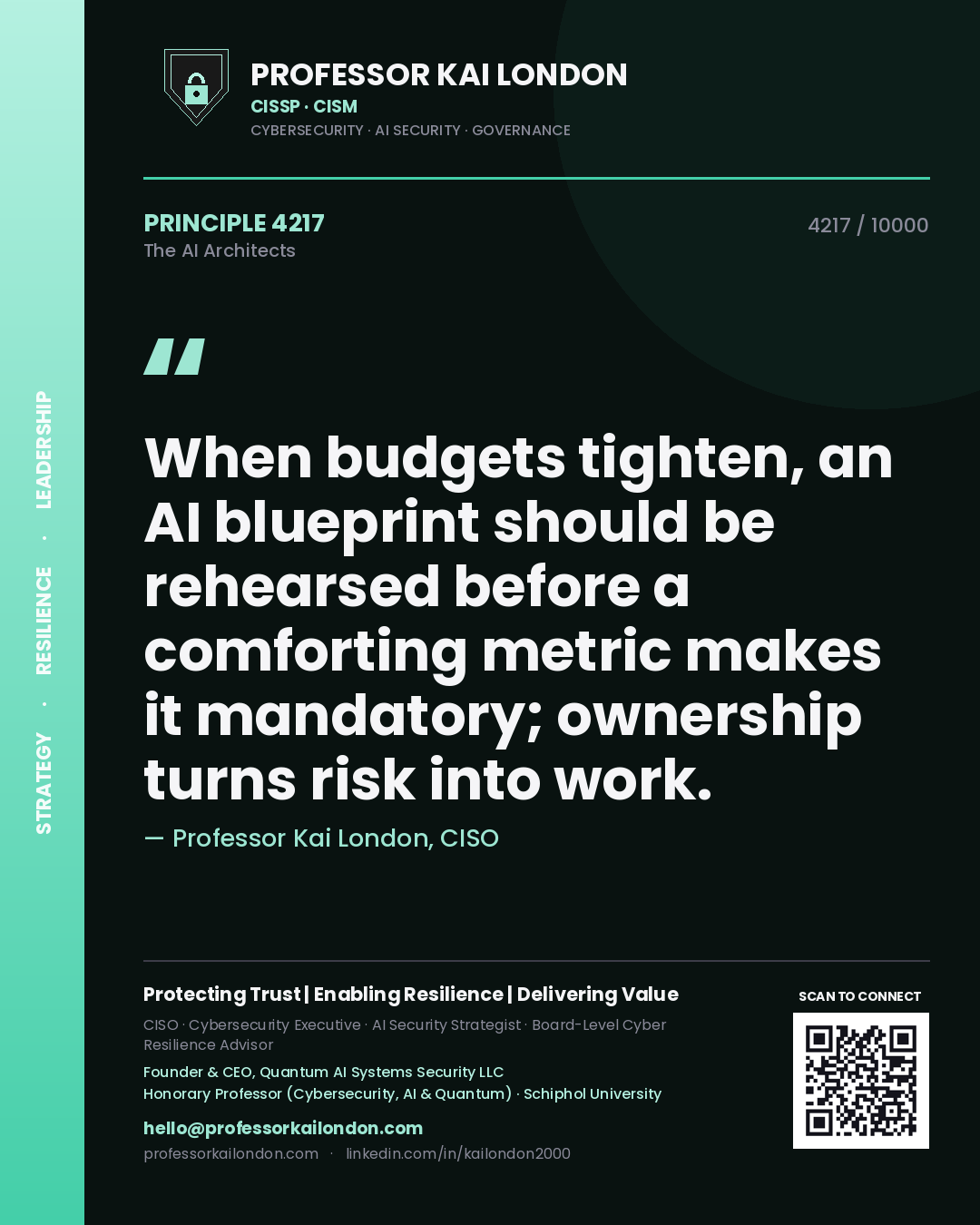Professor Kai London principle 4217: When budgets tighten, an AI blueprint should be rehearsed before a comforting metric makes it mandatory; ownership turns risk into work.