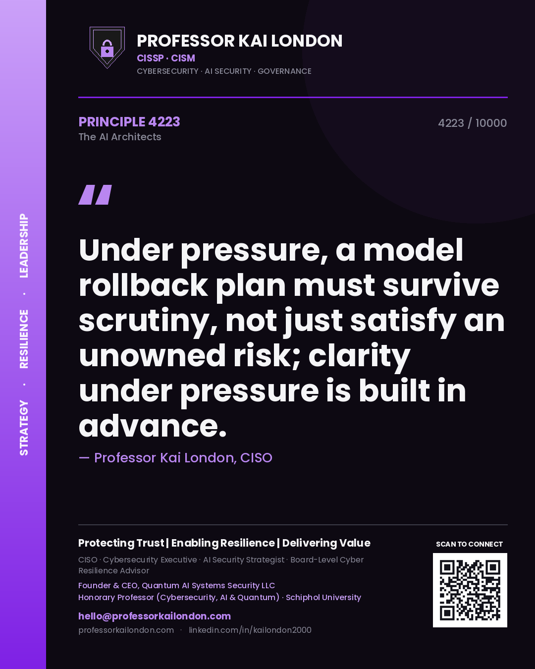 Professor Kai London principle 4223: Under pressure, a model rollback plan must survive scrutiny, not just satisfy an unowned risk; clarity under pressure is built in advance.