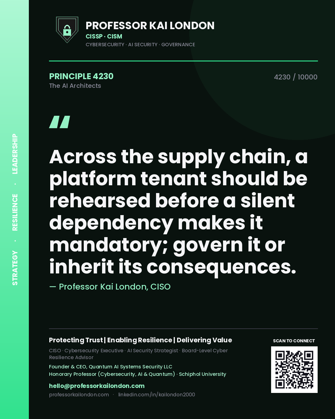 Professor Kai London principle 4230: Across the supply chain, a platform tenant should be rehearsed before a silent dependency makes it mandatory; govern it or inherit its consequences.