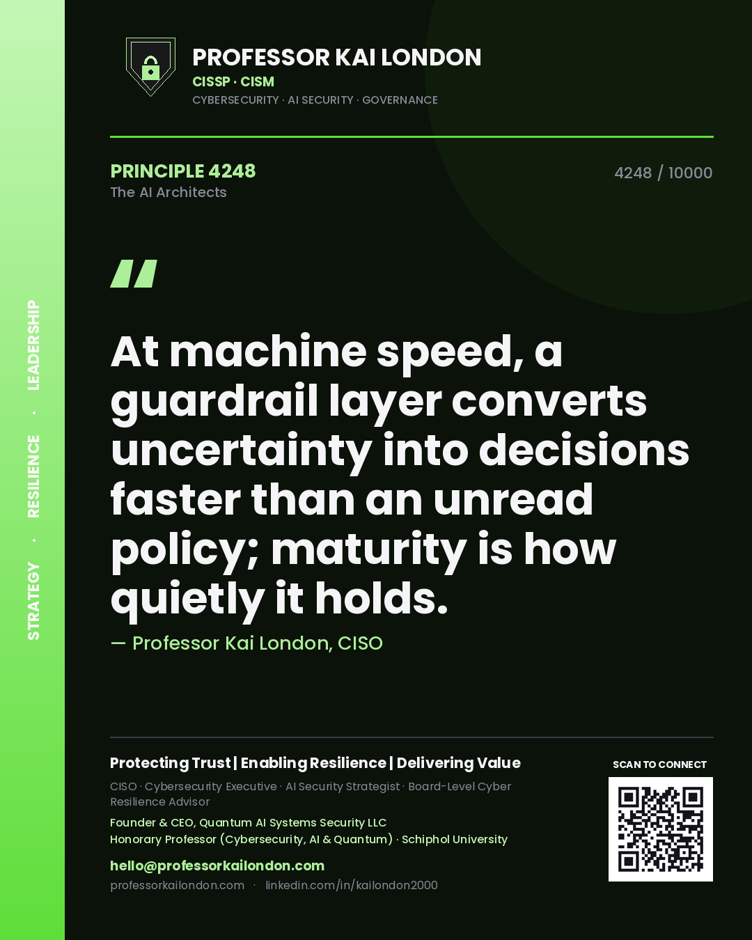 Professor Kai London principle 4248: At machine speed, a guardrail layer converts uncertainty into decisions faster than an unread policy; maturity is how quietly it holds.