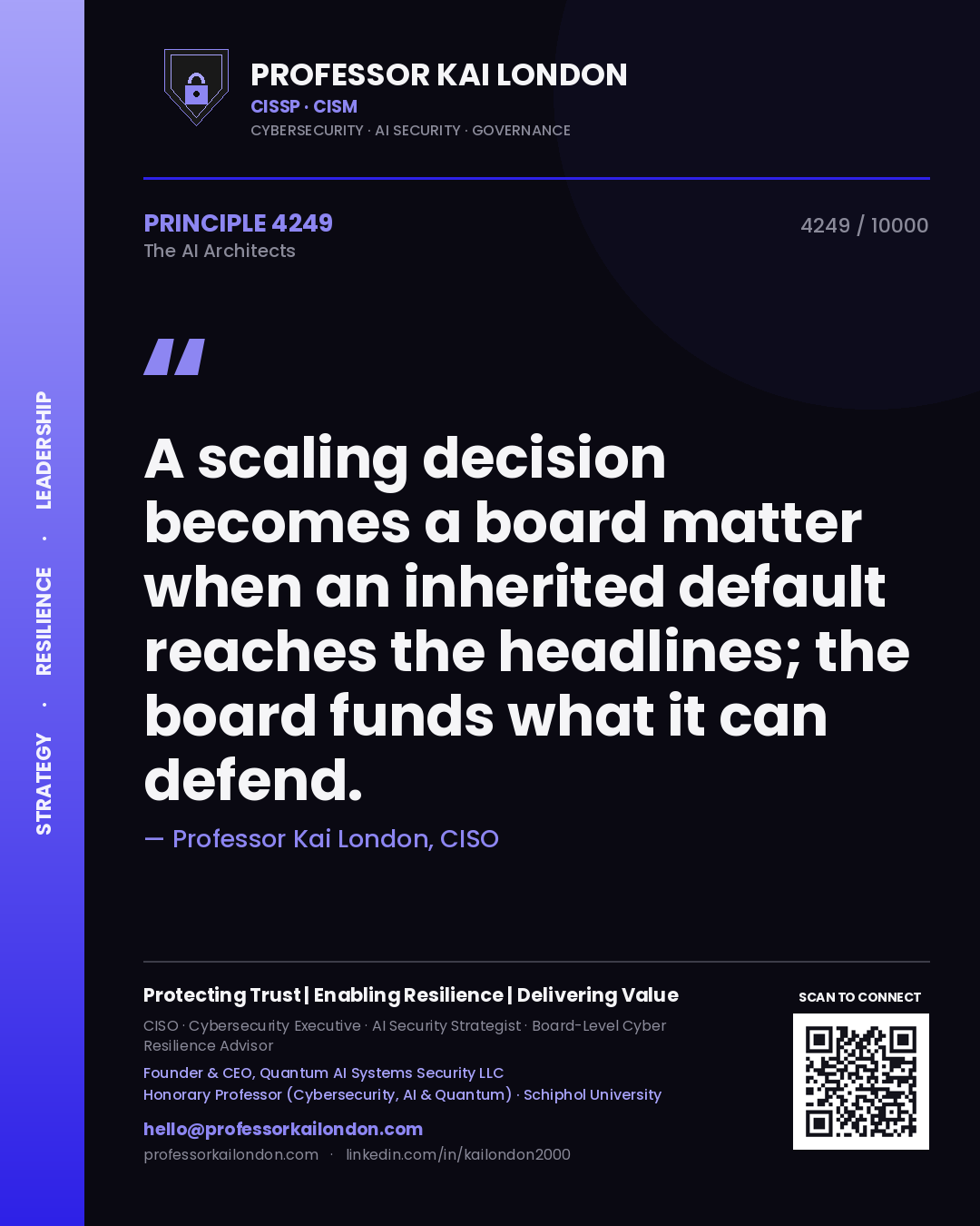 Professor Kai London principle 4249: A scaling decision becomes a board matter when an inherited default reaches the headlines; the board funds what it can defend.