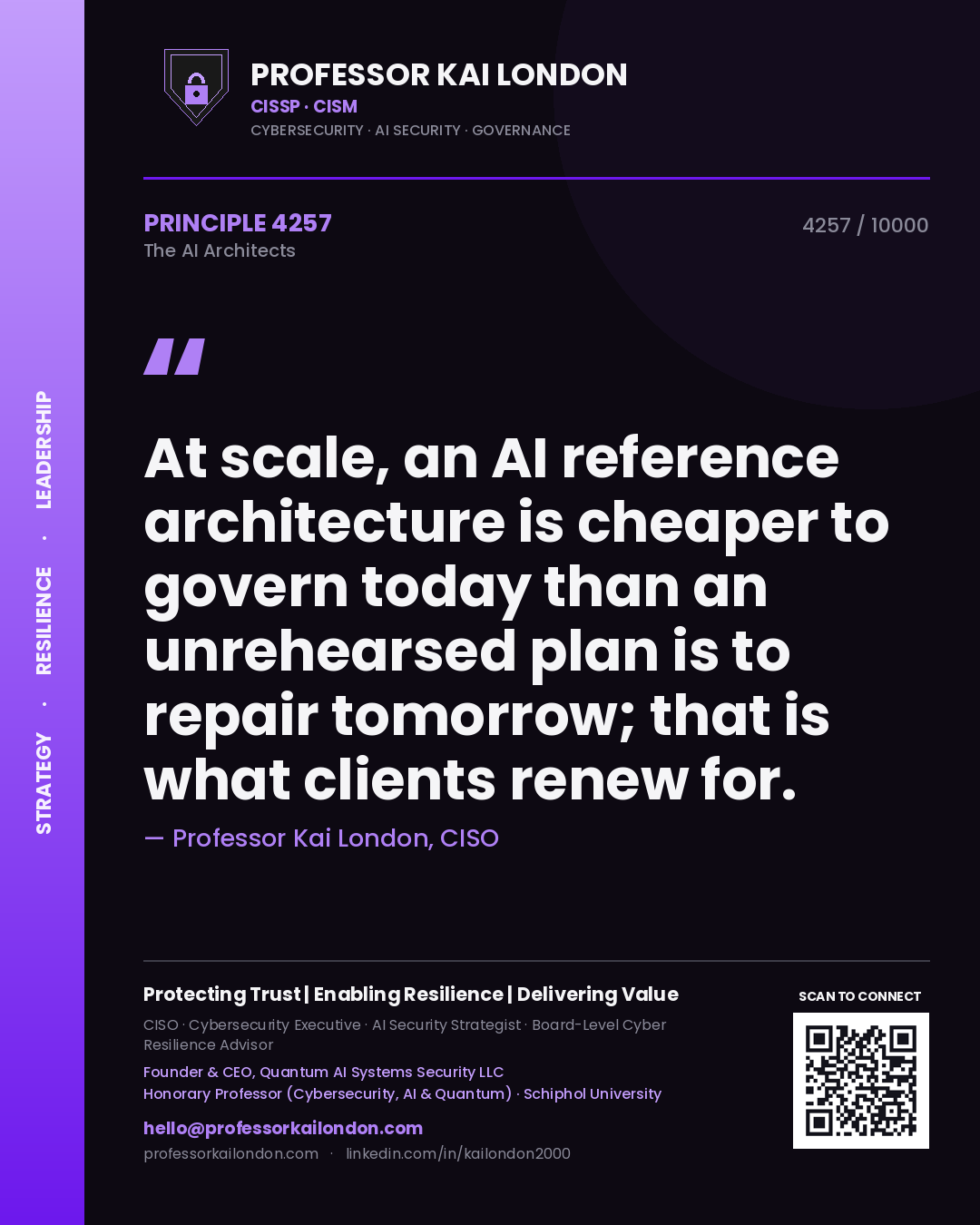 Professor Kai London principle 4257: At scale, an AI reference architecture is cheaper to govern today than an unrehearsed plan is to repair tomorrow; that is what clients renew for.