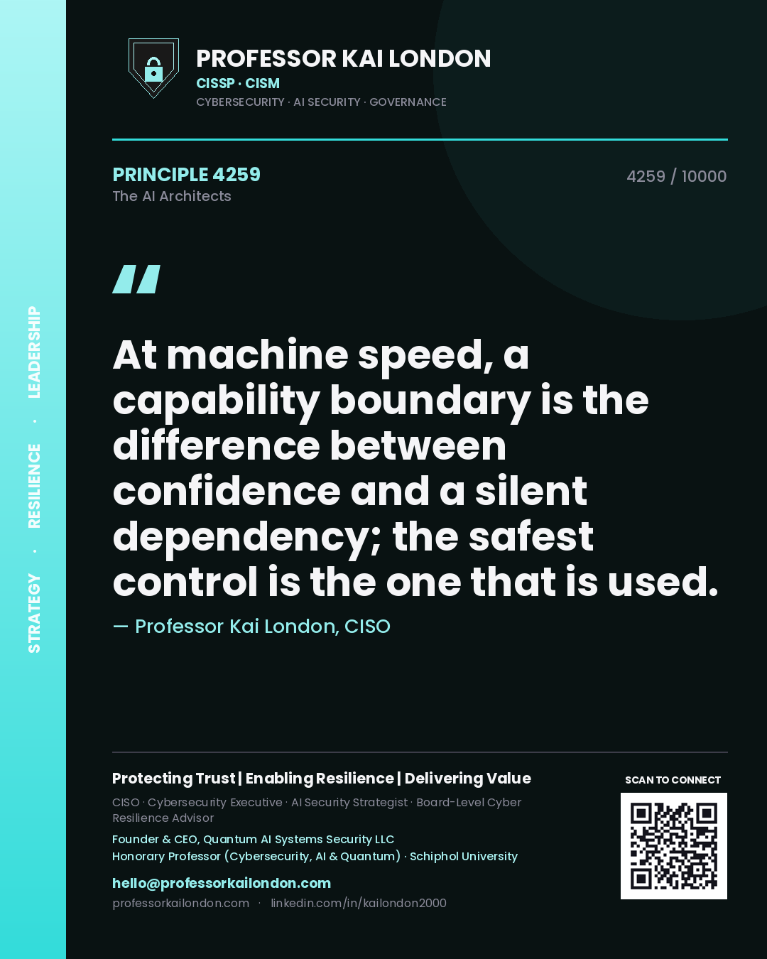 Professor Kai London principle 4259: At machine speed, a capability boundary is the difference between confidence and a silent dependency; the safest control is the one that is used.