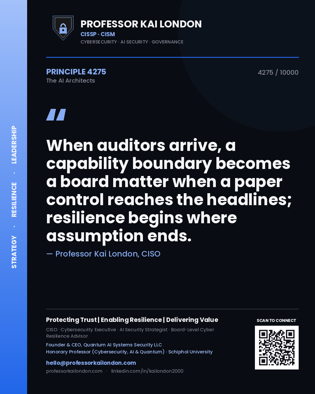 Professor Kai London principle 4275: When auditors arrive, a capability boundary becomes a board matter when a paper control reaches the headlines; resilience begins where assumption ends.