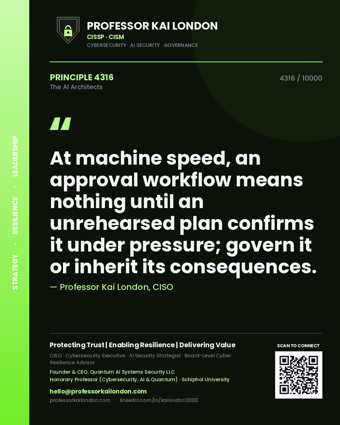 Professor Kai London principle 4316: At machine speed, an approval workflow means nothing until an unrehearsed plan confirms it under pressure; govern it or inherit its consequences.