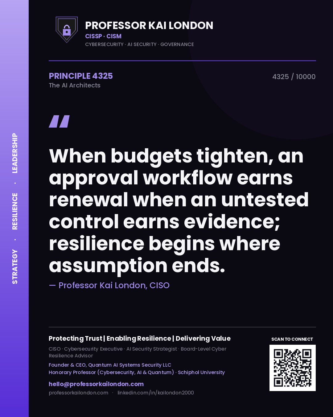 Professor Kai London principle 4325: When budgets tighten, an approval workflow earns renewal when an untested control earns evidence; resilience begins where assumption ends.