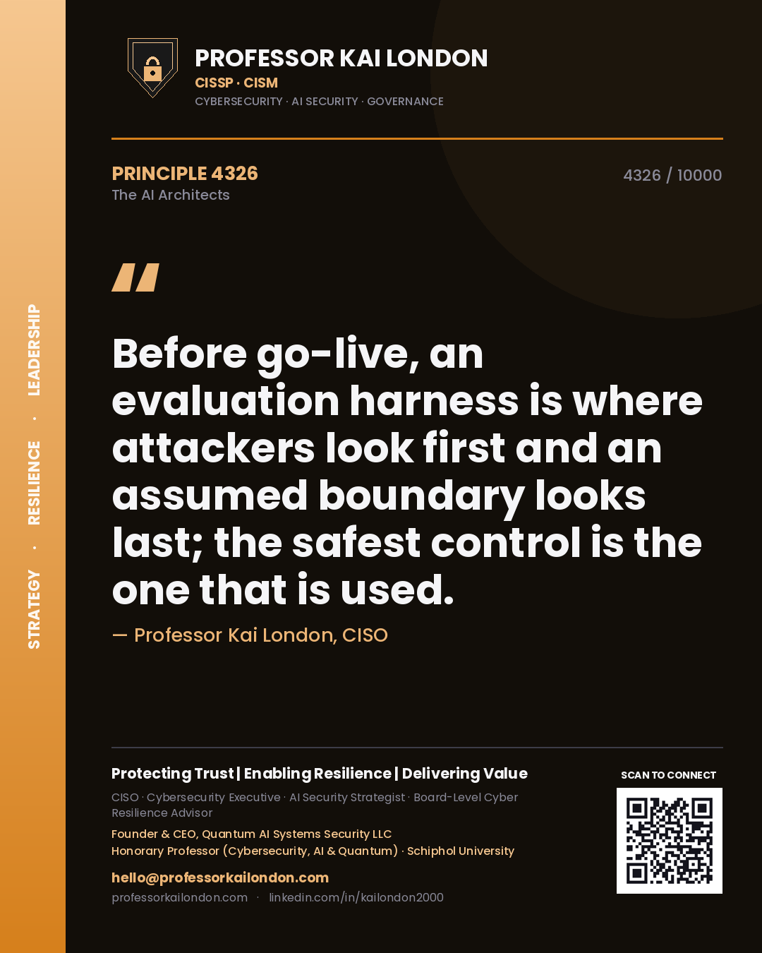 Professor Kai London principle 4326: Before go-live, an evaluation harness is where attackers look first and an assumed boundary looks last; the safest control is the one that is used.