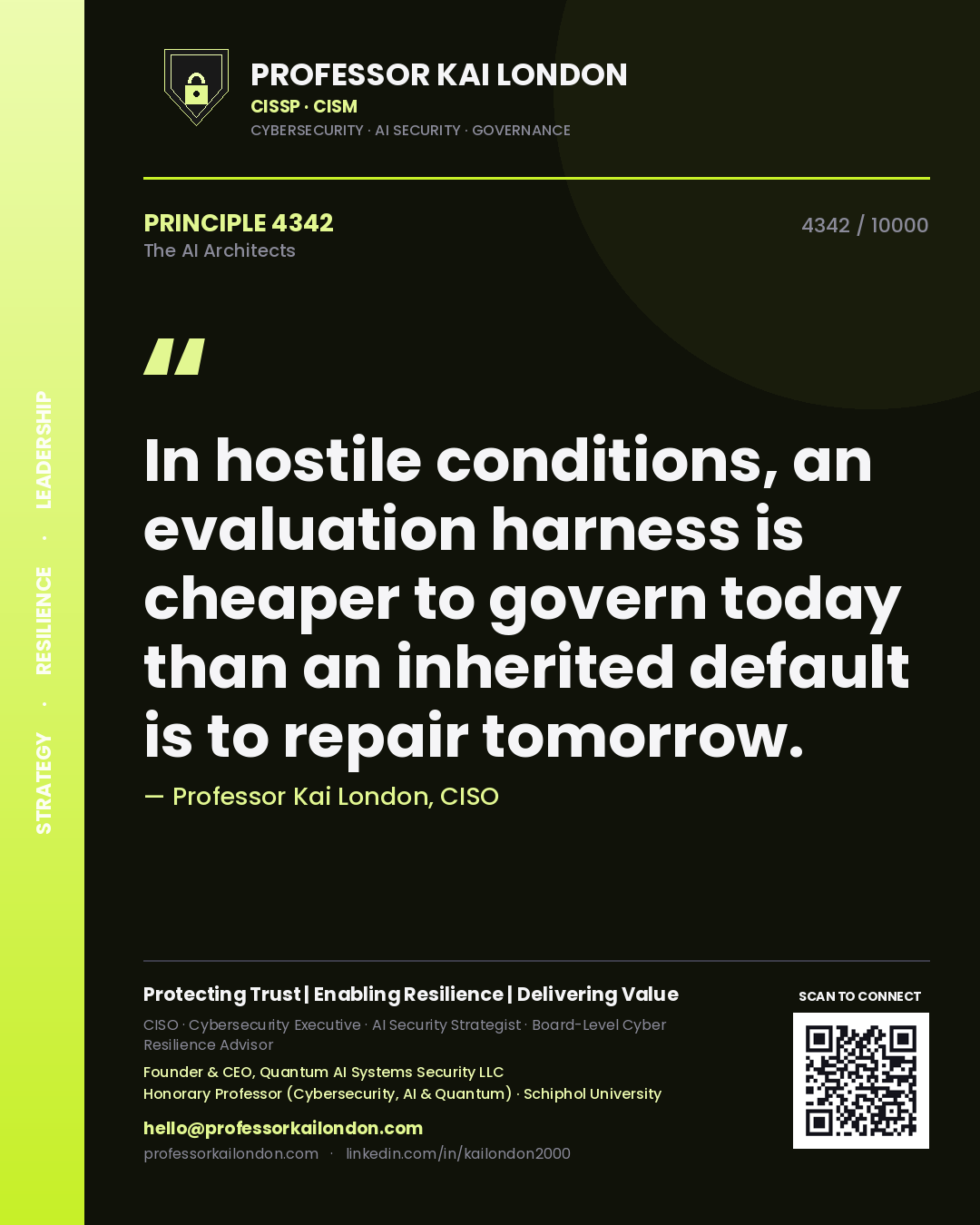 Professor Kai London principle 4342: In hostile conditions, an evaluation harness is cheaper to govern today than an inherited default is to repair tomorrow.