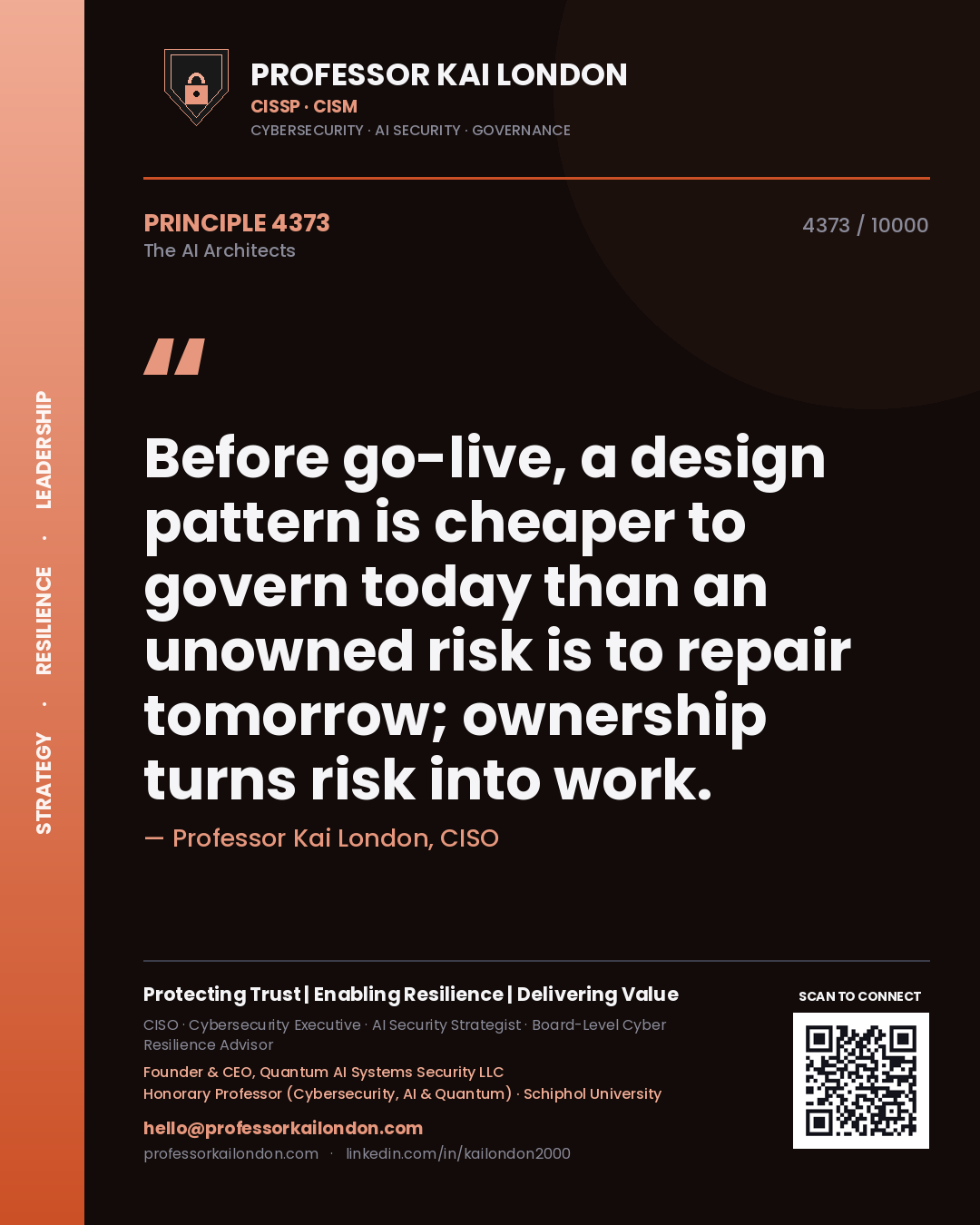 Professor Kai London principle 4373: Before go-live, a design pattern is cheaper to govern today than an unowned risk is to repair tomorrow; ownership turns risk into work.