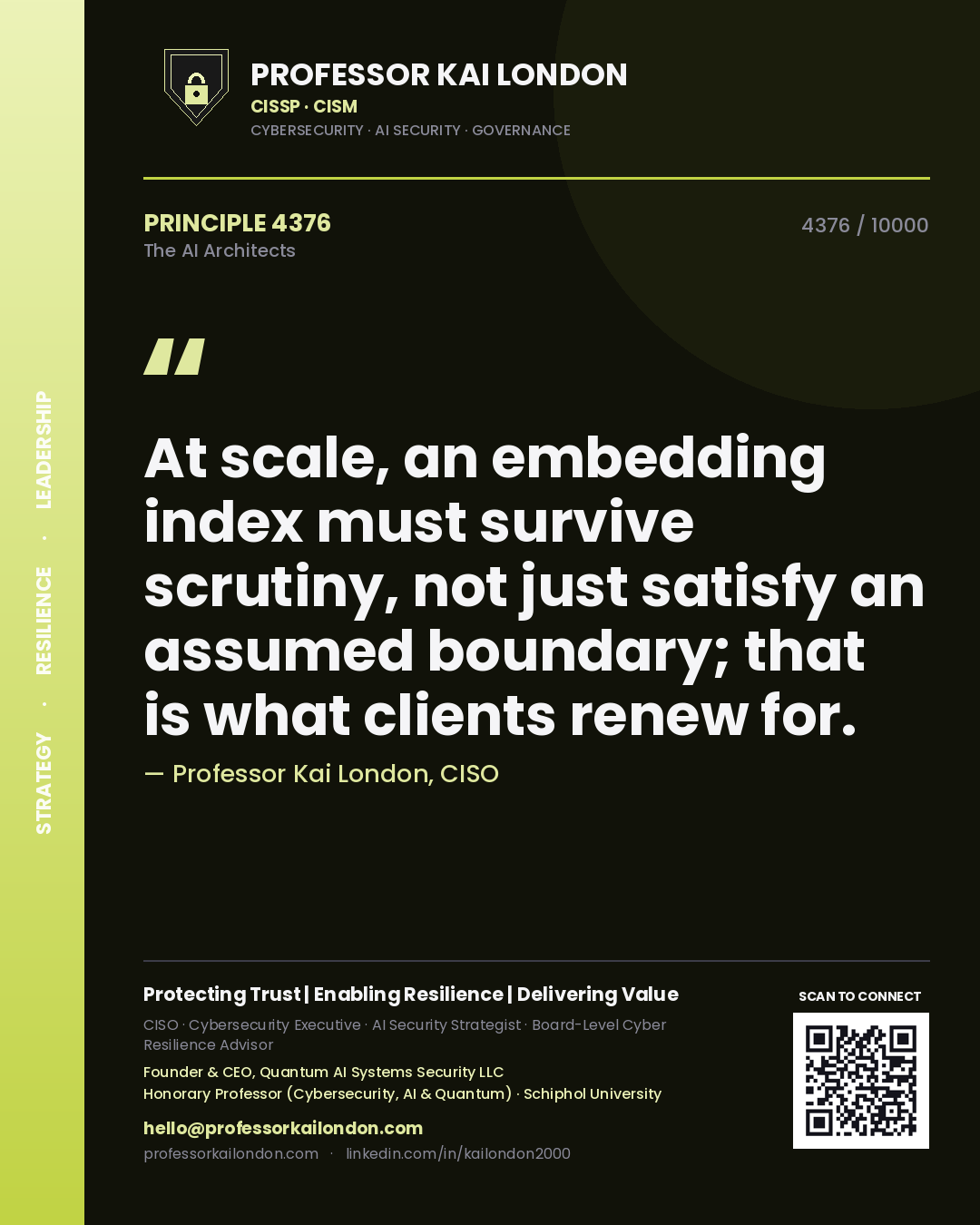 Professor Kai London principle 4376: At scale, an embedding index must survive scrutiny, not just satisfy an assumed boundary; that is what clients renew for.