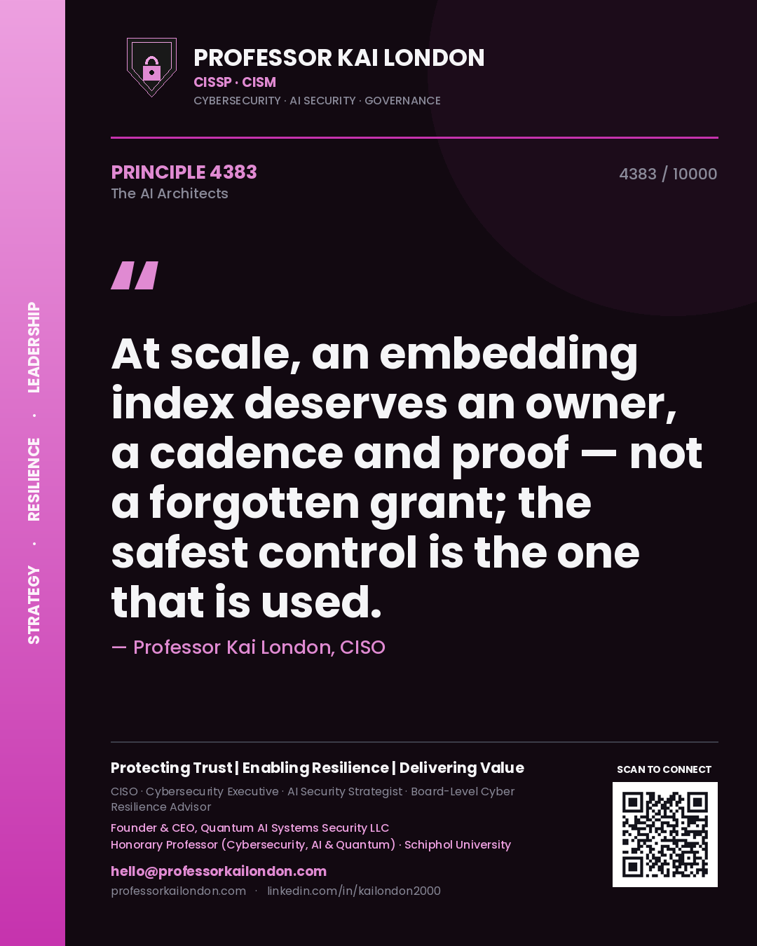 Professor Kai London principle 4383: At scale, an embedding index deserves an owner, a cadence and proof — not a forgotten grant; the safest control is the one that is used.
