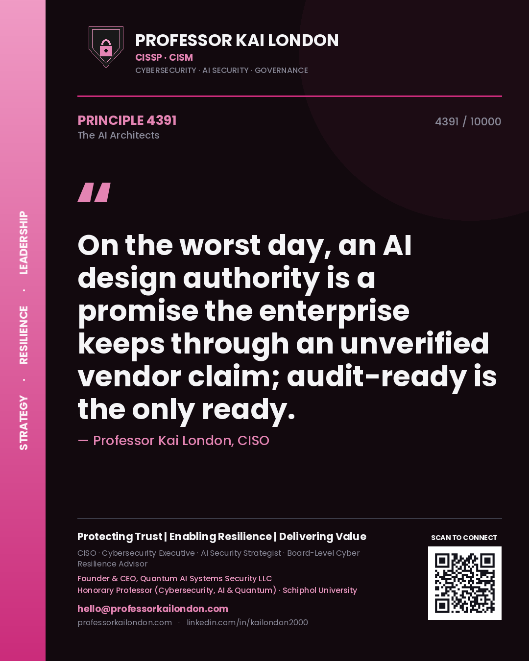 Professor Kai London principle 4391: On the worst day, an AI design authority is a promise the enterprise keeps through an unverified vendor claim; audit-ready is the only ready.