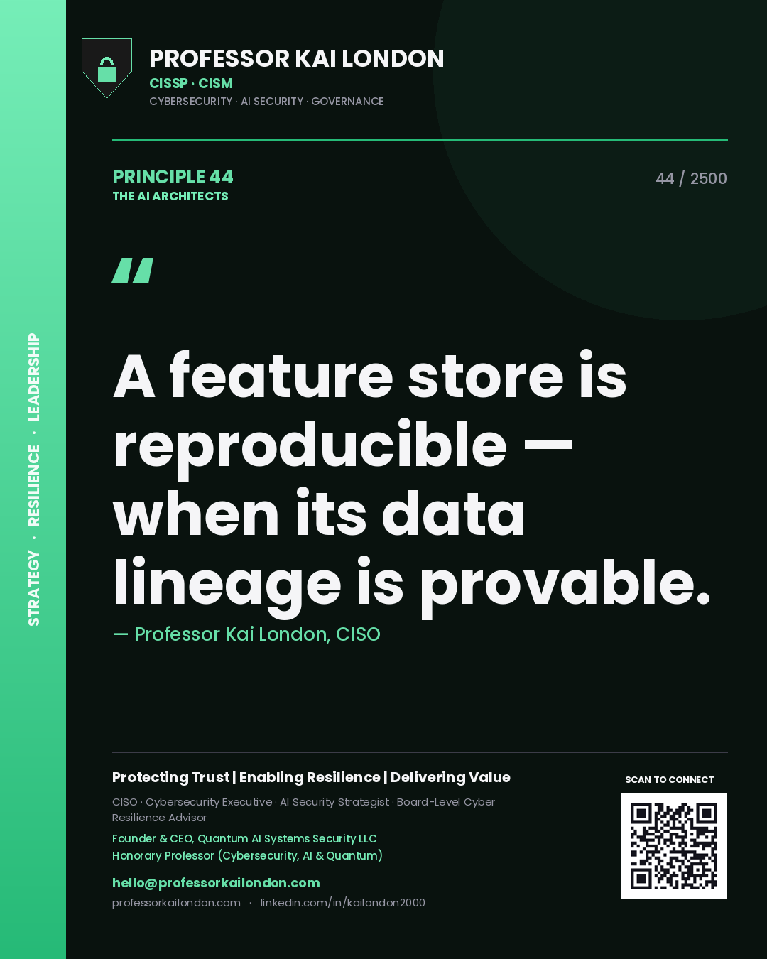 Professor Kai London principle 44: A feature store is reproducible — when its data lineage is provable.